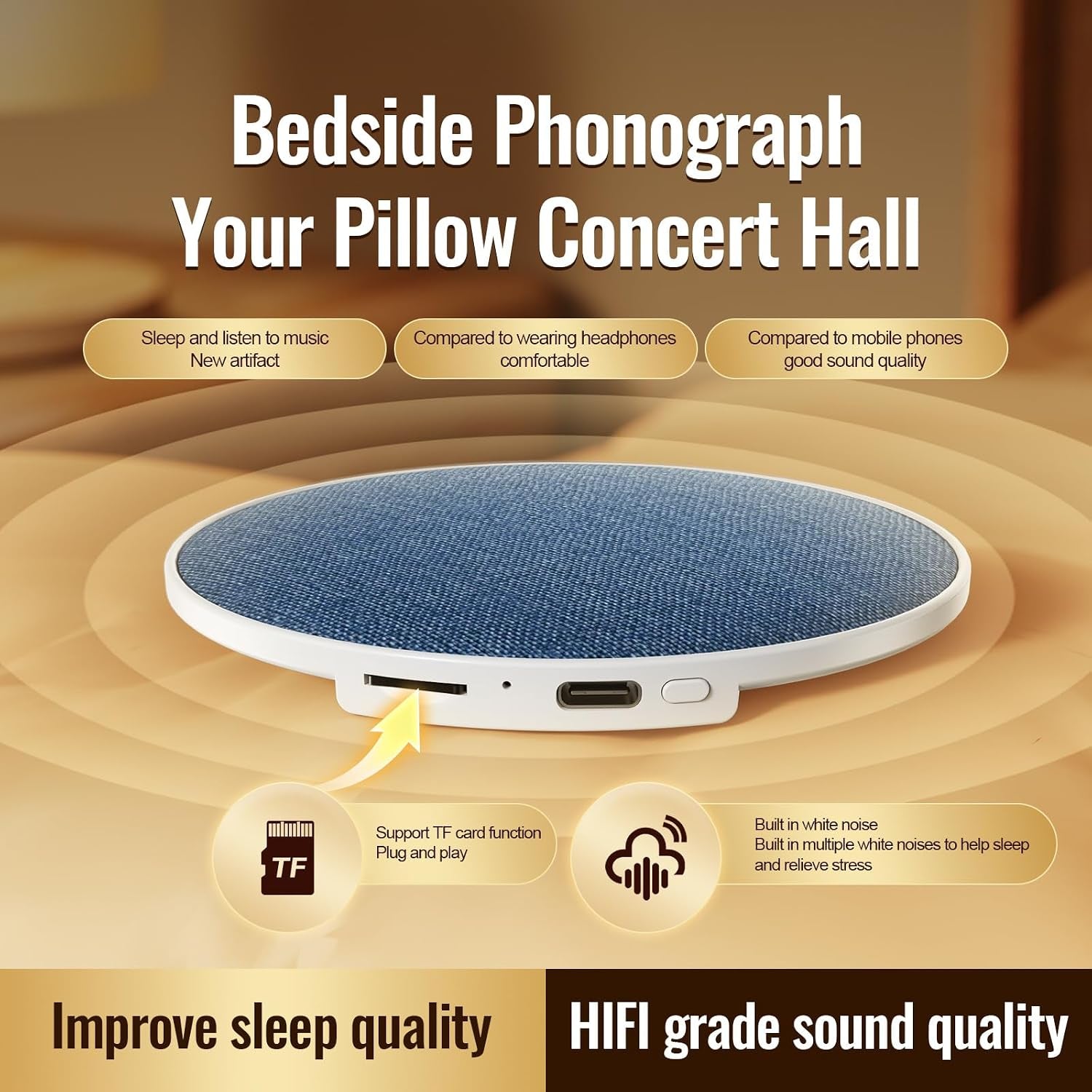 Bluetooth Pillow Speaker for Sleep Aid, under Pillow Audio Disc with White Noise, Type-C Charging, 200Mah Battery, Bluetooth 5.4, TF Card Support, 92Mm
