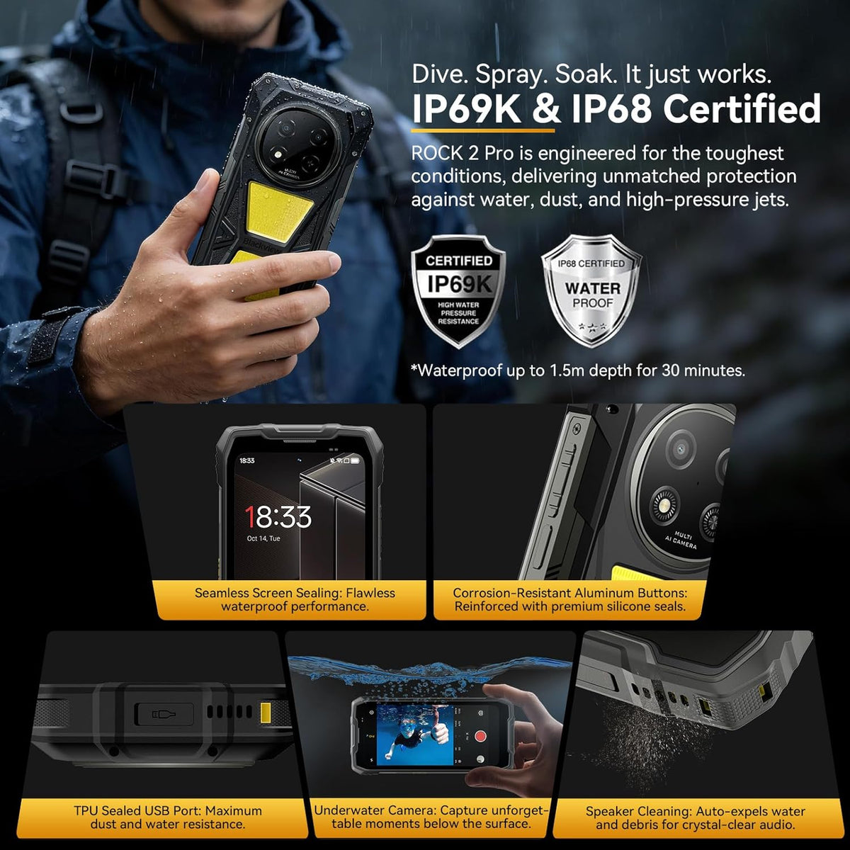 Rock 2 Pro 5G Rugged Phone Android 16, 15000Mah/33W Dual 400LM Camping Light, 32GB+256GB/2TB Rugged Smartphone Unlocked Gemini AI, 16MP+13MP 6.67" 2.4K 120Hz Glove Mode/Nfc