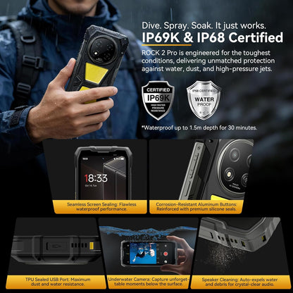 Rock 2 Pro 5G Rugged Phone Android 16, 15000Mah/33W Dual 400LM Camping Light, 32GB+256GB/2TB Rugged Smartphone Unlocked Gemini AI, 16MP+13MP 6.67" 2.4K 120Hz Glove Mode/Nfc