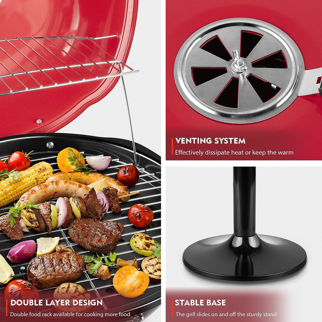 Electric Grill,  Outdoor Electric BBQ Grill, 1600W Portable Removable Stand Grill with Adjustable Heat & Drip Tray, Double Layer Design for Party, Patio & Backyard (Red)
