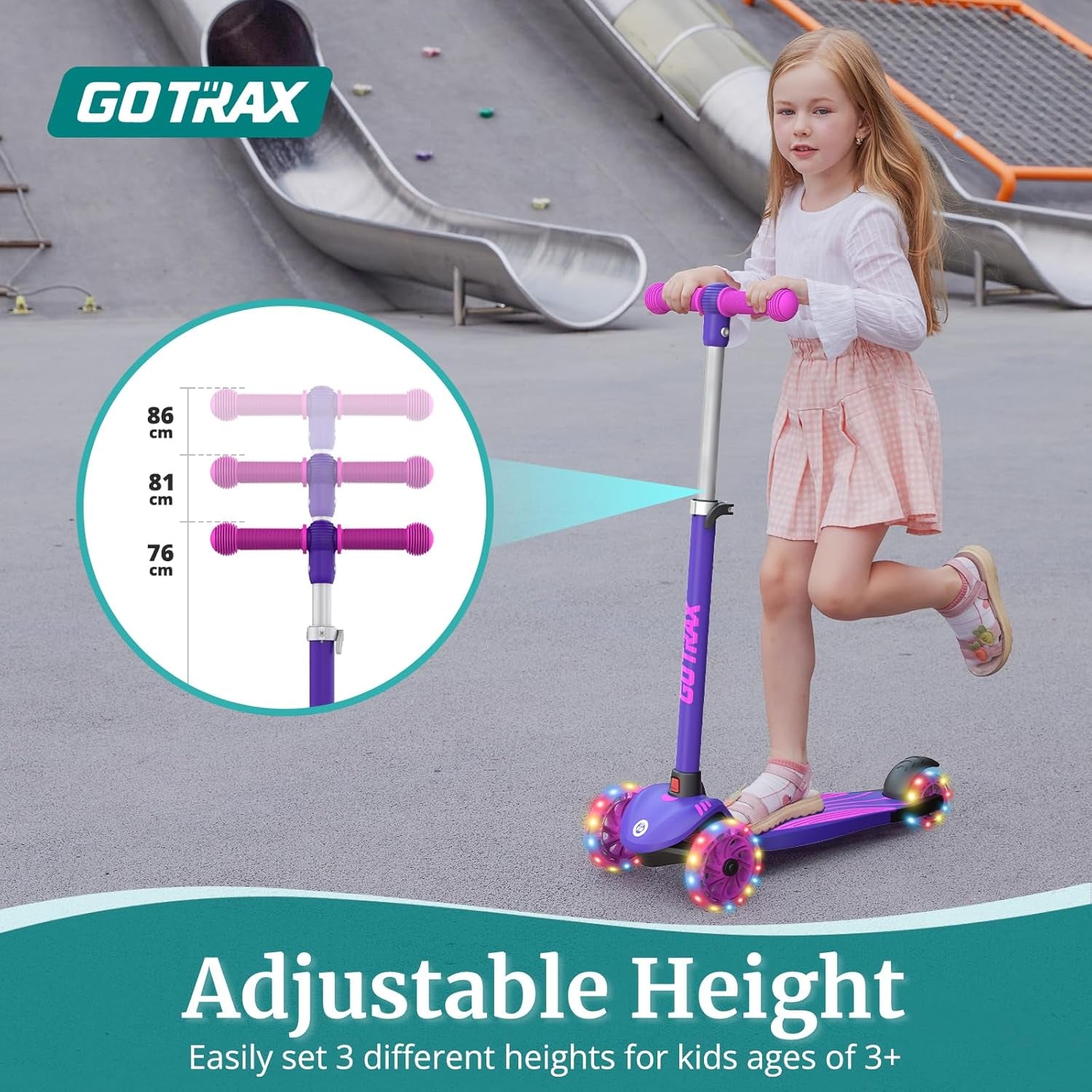 KS1 Kids Kick Scooter, LED Lighted Wheels and 3 Adjustable Height Handlebars, Lean-To-Steer & Widen Anti-Slip Deck, 3 Wheel Scooter for Boys & Girls Ages 3+ and up to 100 Lbs