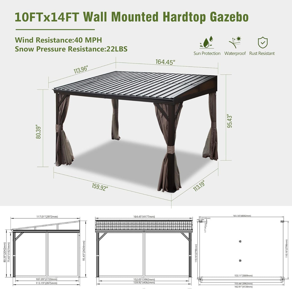 Domi 10X14Ft Lean to Gazebo with Gutters, Outdoor Wall Mounted Pergola Hardtop with Galvanized Steel Sloping Roof, Patio Metal Canopy with Curtains and Nettings, outside Awning for Backyard, Garden
