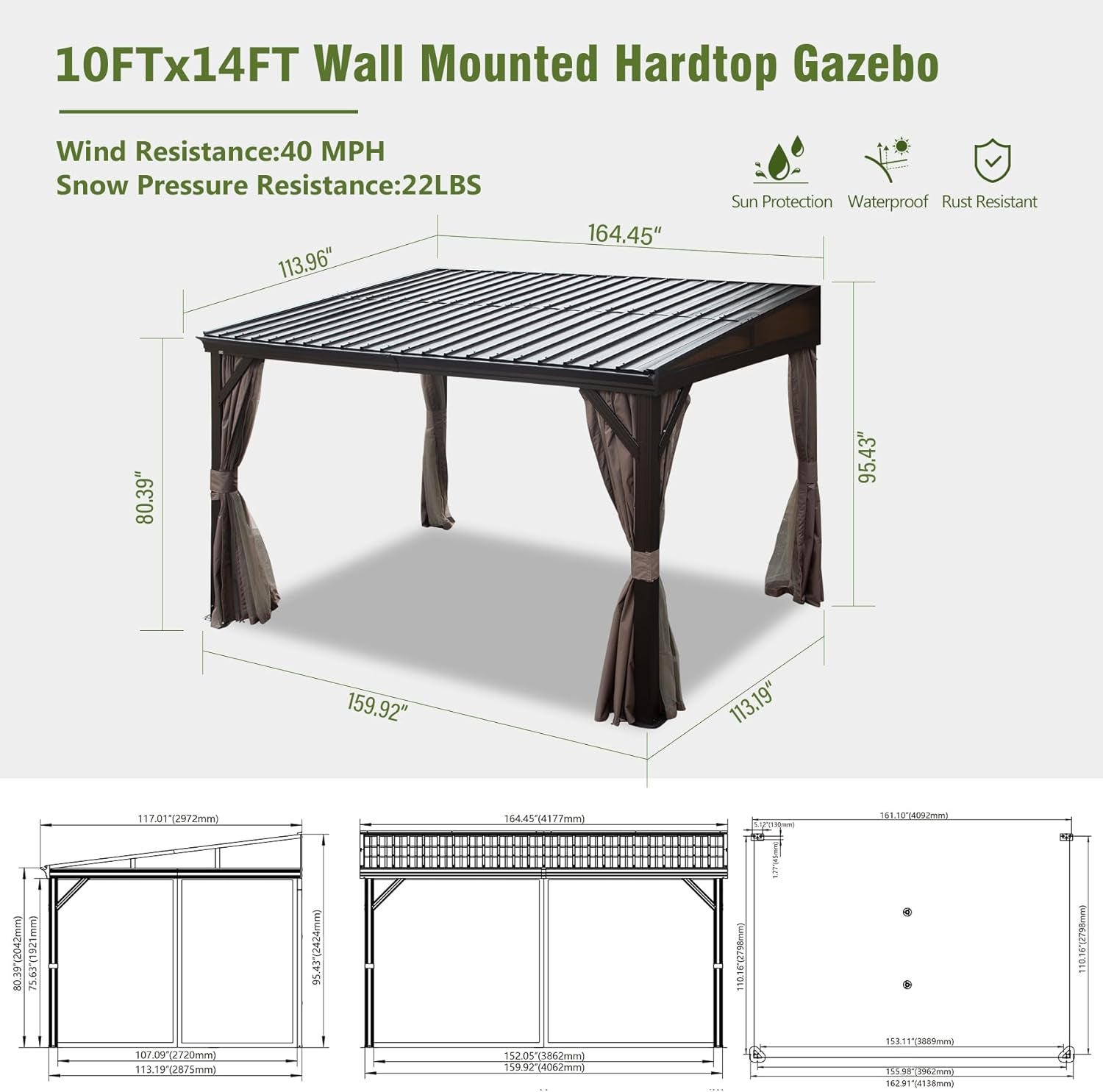 Domi 10X14Ft Lean to Gazebo with Gutters, Outdoor Wall Mounted Pergola Hardtop with Galvanized Steel Sloping Roof, Patio Metal Canopy with Curtains and Nettings, outside Awning for Backyard, Garden