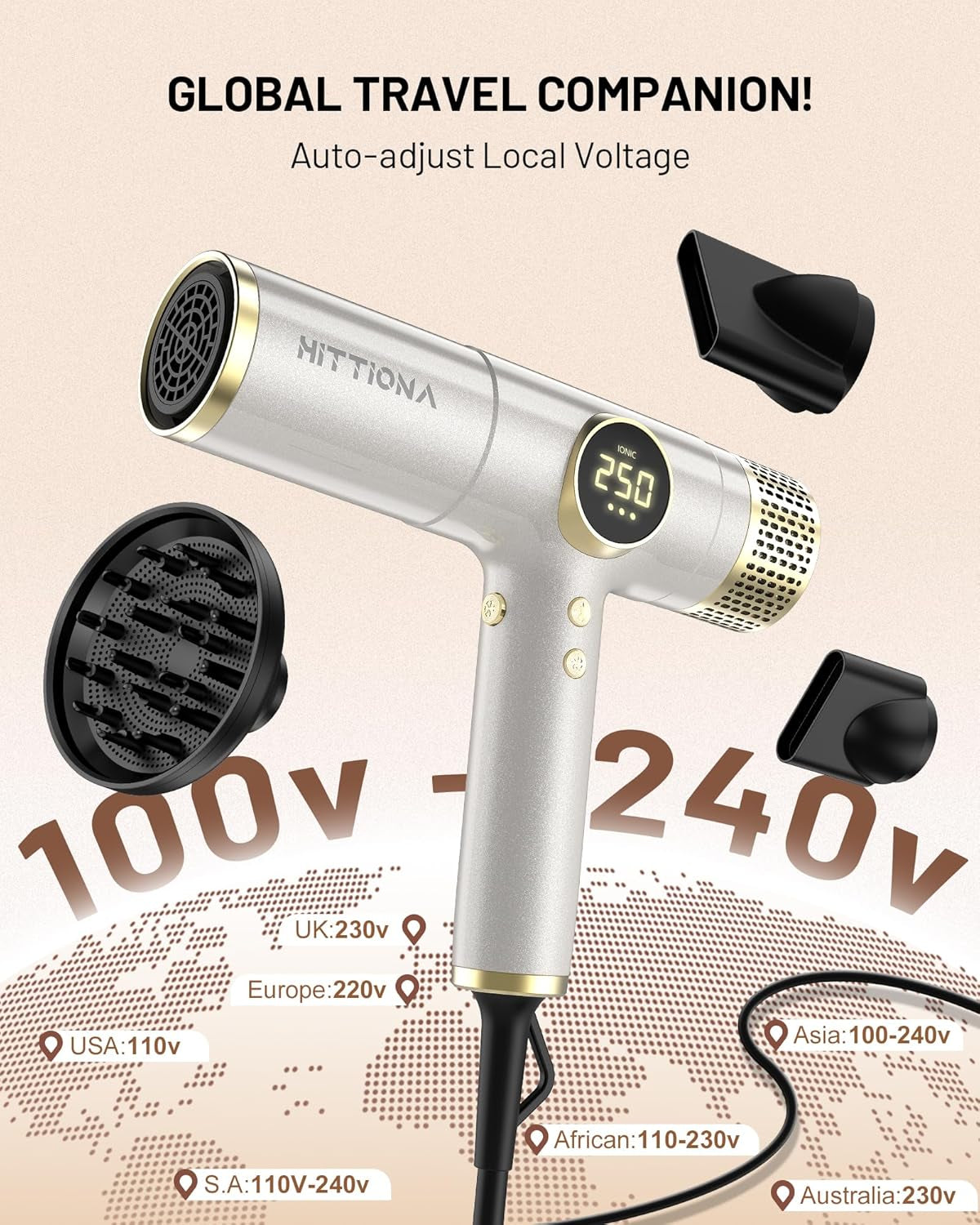 Dual Voltage Ionic Hair Dryer with Diffuser - 2000W Travel Blow Dryer for Fast Drying No Heat Damage No Frizz, Low Noise Lightweight Compact, Hair Dryers for Women & Men, 100V-240V