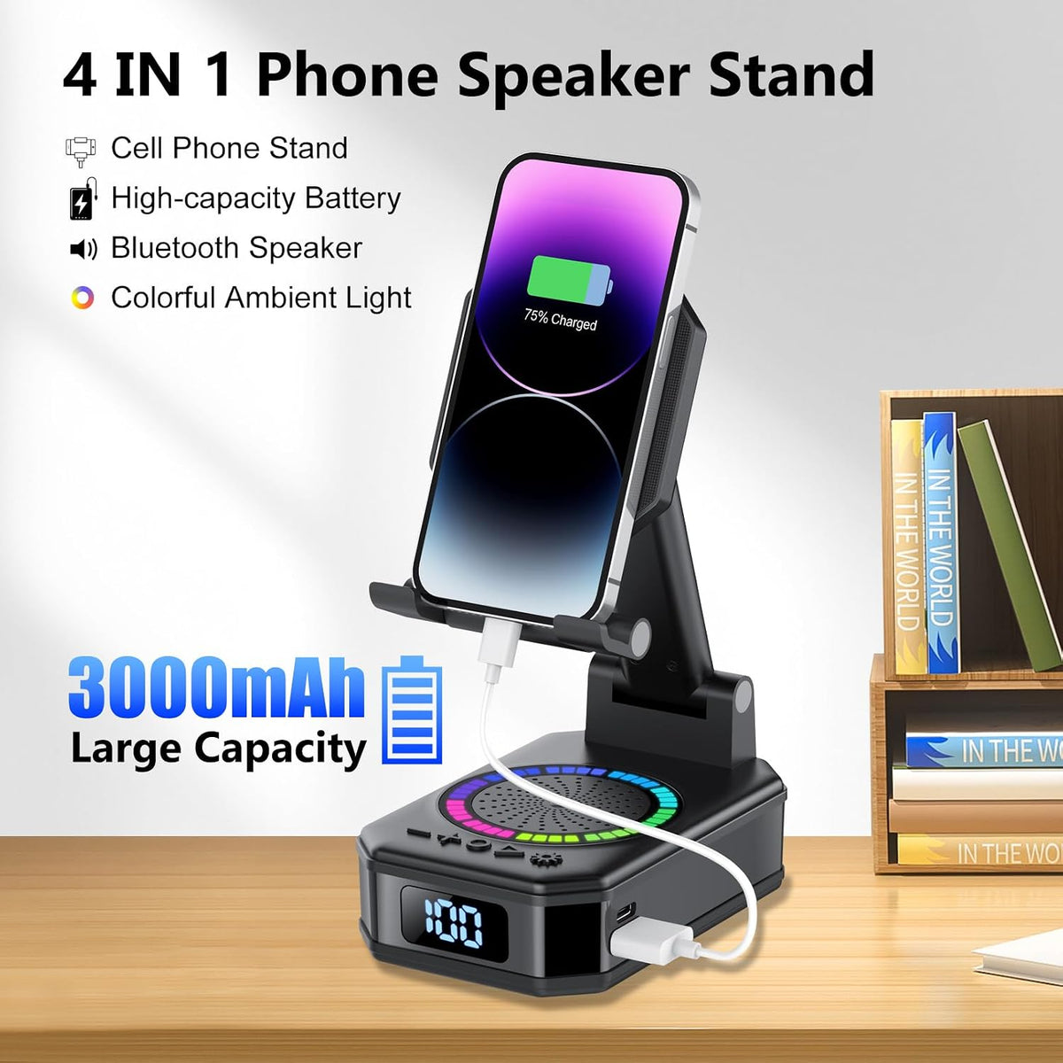 4-in-1 Phone Stand Bluetooth Speaker – RGB, Foldable, Anti-Slip