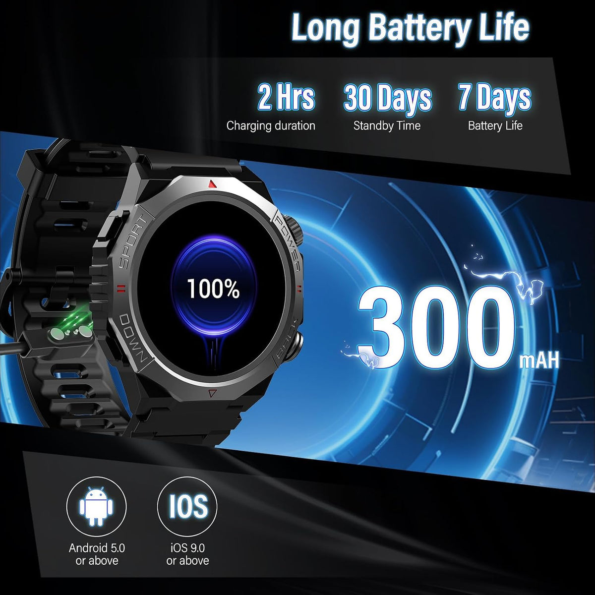 Military Smartwatch 1.39" – Bluetooth Calls, 110+ Sports, Sleep/Heart Rate, IP68, Black