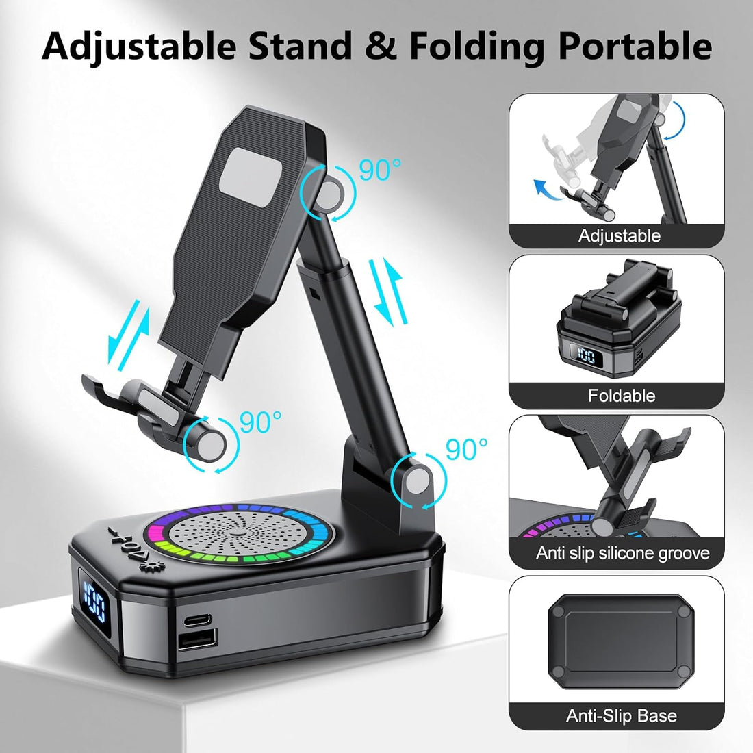 4-in-1 Phone Stand Bluetooth Speaker – RGB, Foldable, Anti-Slip