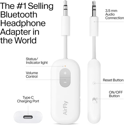 Airfly SE, Bluetooth Wireless Audio Transmitter for Airpods/Wireless or Noise-Cancelling Headphones; Use with 3.5 Mm Audio Jack on Airplanes, Gym Equipment or Ipad/Tablets (Cool White)