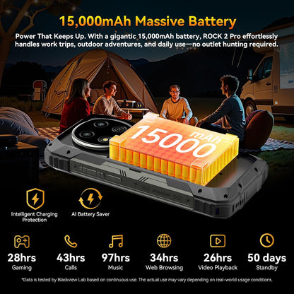 Rock 2 Pro 5G Rugged Phone Android 16, 15000Mah/33W Dual 400LM Camping Light, 32GB+256GB/2TB Rugged Smartphone Unlocked Gemini AI, 16MP+13MP 6.67" 2.4K 120Hz Glove Mode/Nfc