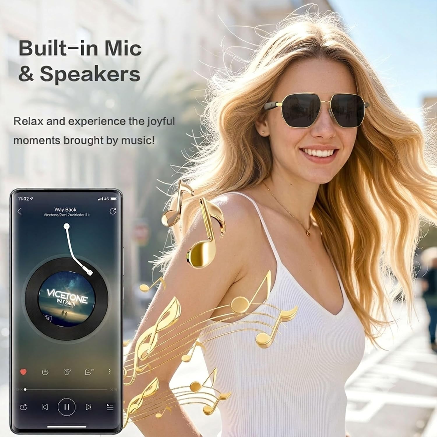 2026  Smart Glasses, Ai Real-Time Translation with 164 Languages, Classic Pilot Sunglasses, Equipped with Voice Assistant/Ai Call, Ip65 Waterproof,Smart Sunglasses for Men & Women