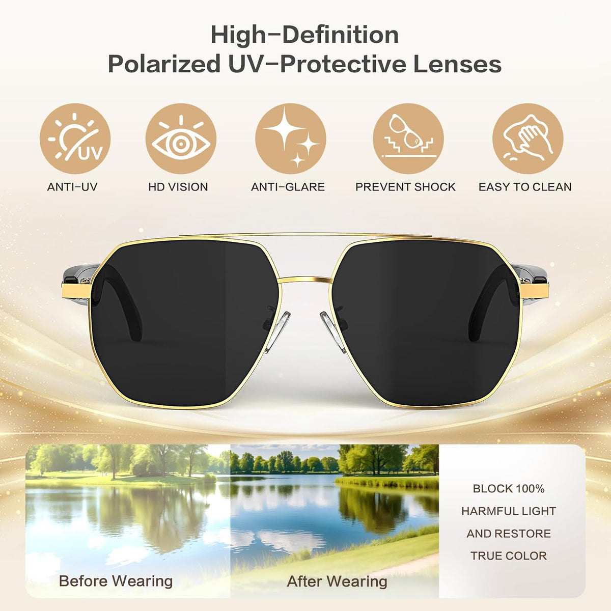 2026  Smart Glasses, Ai Real-Time Translation with 164 Languages, Classic Pilot Sunglasses, Equipped with Voice Assistant/Ai Call, Ip65 Waterproof,Smart Sunglasses for Men &amp; Women