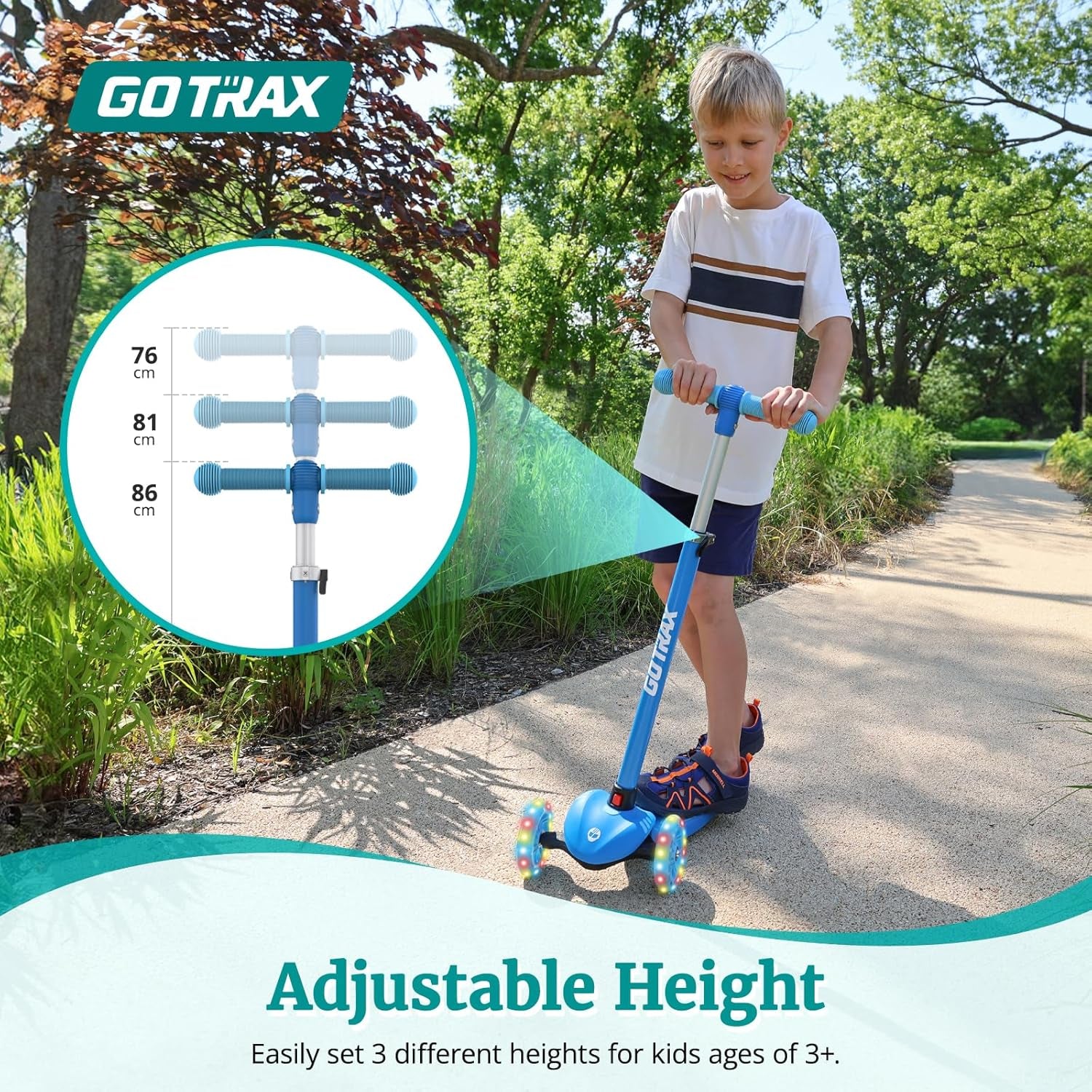 KS1 Kids Kick Scooter, LED Lighted Wheels and 3 Adjustable Height Handlebars, Lean-To-Steer & Widen Anti-Slip Deck, 3 Wheel Scooter for Boys & Girls Ages 3+ and up to 100 Lbs