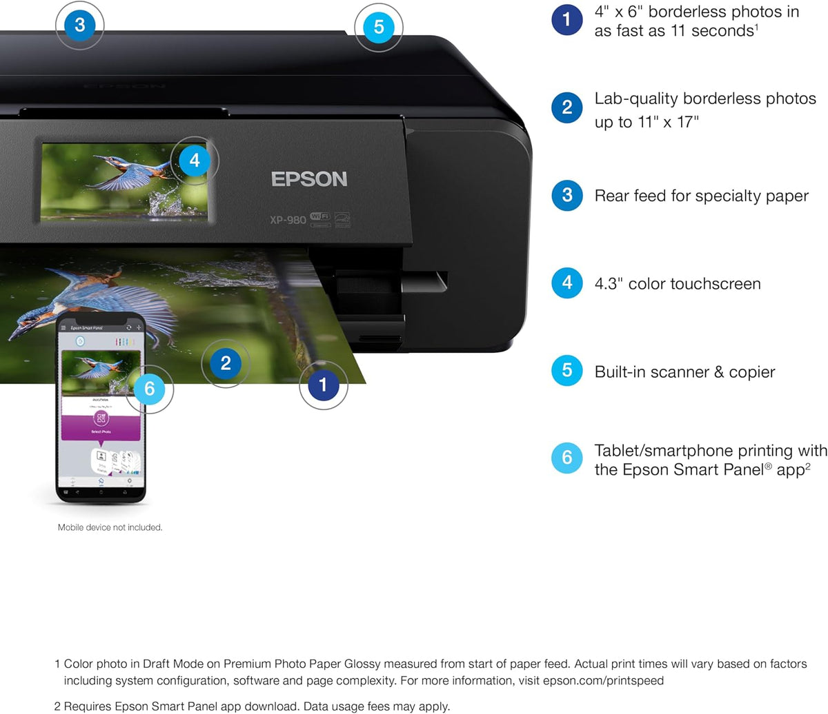Expression Photo XP-980 Wireless Wide-Format Printer with 6-Colour Claria Ink System, Borderless Printing up to 11" X 17", Fast 4" X 6" Photo Printing, Built-In Scanner and Copier