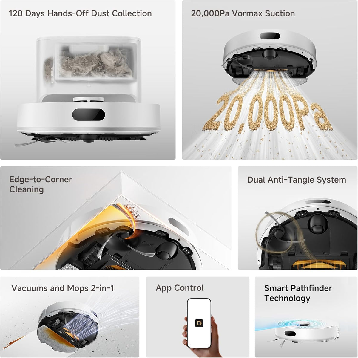 D20 Air plus Robot Vacuum and Mop Combo with 20,000Pa Suction, 120 Days Hands-Free, Anti-Tangling Tech, Auto-Emptying Dock, Deep Carpet Cleaning and Smart Navigation, White