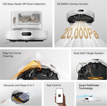 D20 Air plus Robot Vacuum and Mop Combo with 20,000Pa Suction, 120 Days Hands-Free, Anti-Tangling Tech, Auto-Emptying Dock, Deep Carpet Cleaning and Smart Navigation, White