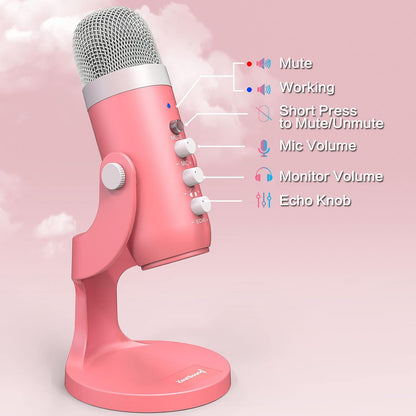 Podcast Microphone for Iphone PC &amp; Mac, Noise Cancellation USB Mic with Volume, Mute &amp; Echo Control, Zero-Latency Monitoring, for ASMR, Podcasting, Vocal Recording &amp; Voice-Over - K66 Pink