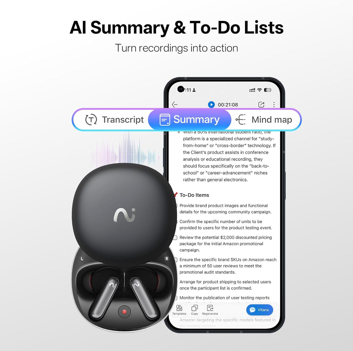 Recdot AI Voice Recorder Earbuds, AI Note Taker for Meetings &amp; Calls | Real-Time Transcription &amp; Translation across 78 Languages, 48 Db Hybrid ANC, AI Powered Summaries with Advanced LLM Models