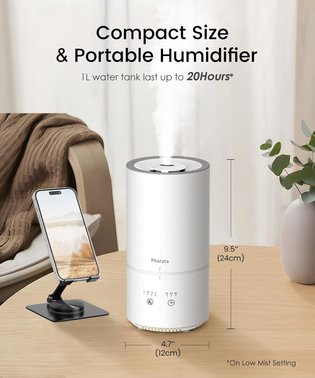 Humidifiers for Bedroom Baby Room, 1000Ml Small Cool Mist Top Fill Air Humidifiers for Nursery & Plants, Ultra Quiet Essential Oil Diffuser with Warm Yellow Night Light, (White)