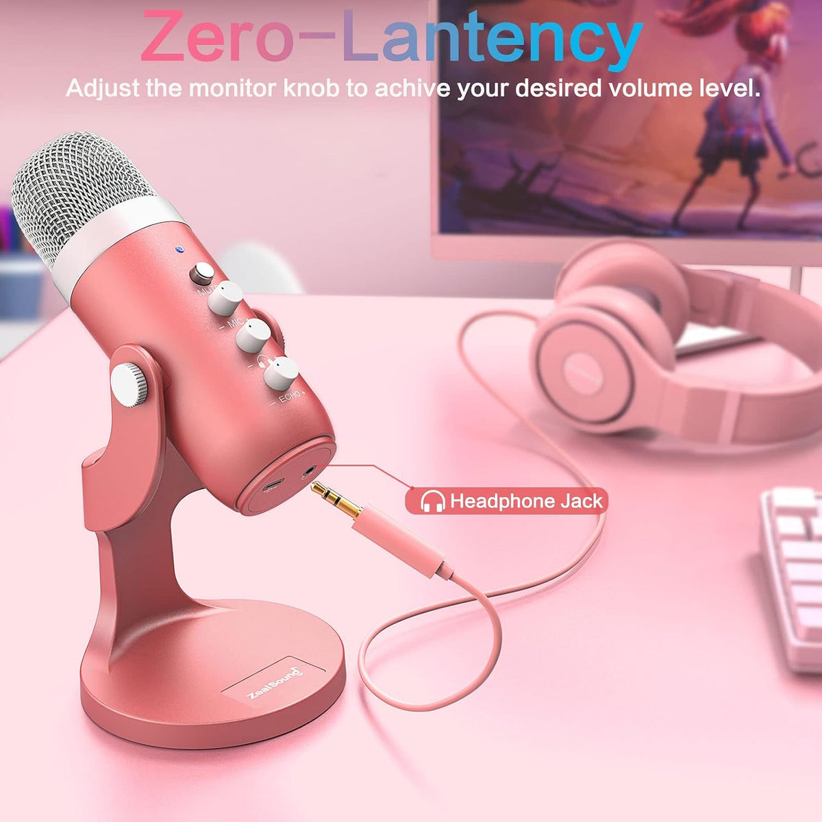 Podcast Microphone for Iphone PC &amp; Mac, Noise Cancellation USB Mic with Volume, Mute &amp; Echo Control, Zero-Latency Monitoring, for ASMR, Podcasting, Vocal Recording &amp; Voice-Over - K66 Pink