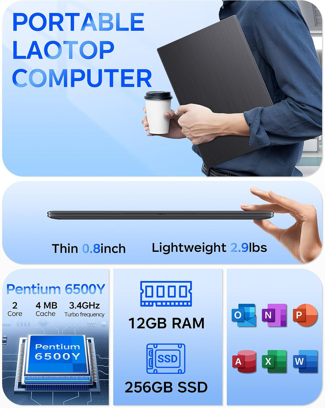 Laptop Computer, 12GB RAM 256GB SSD Laptops with Pentium 6500Y (Up to 3.4Ghz), 14 Inch FHD IPS Display, USB 3.2,USB C, Lightweight Laptop for Work, School, Multitasking &amp; Travel