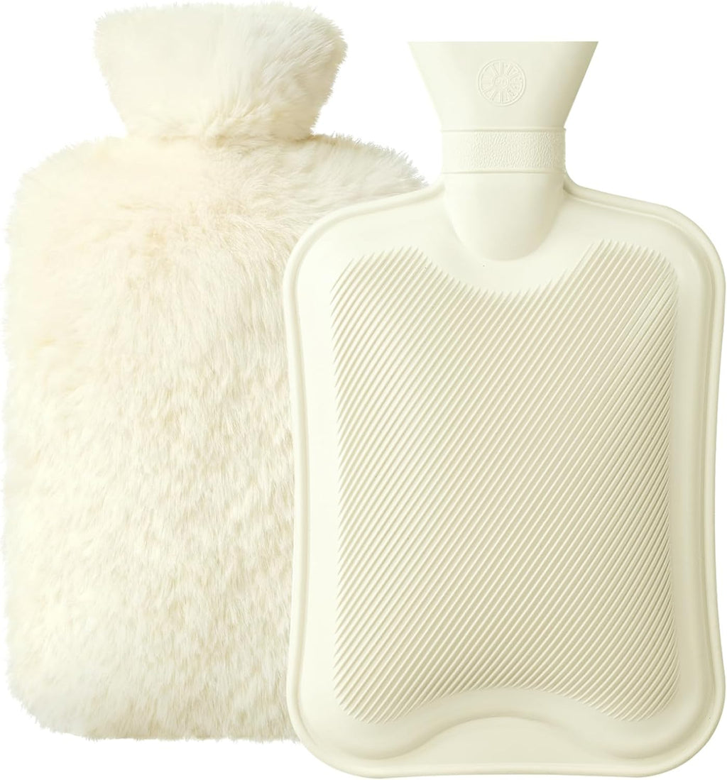 Hot Water Bottle with Cover, 2L Rubber Hot Water Bag with Soft Cover (2 Liter), for Cramps, Compress Pain Relief, Removable Hot Cold Pack, Hot Water Bed Warm(Beige)