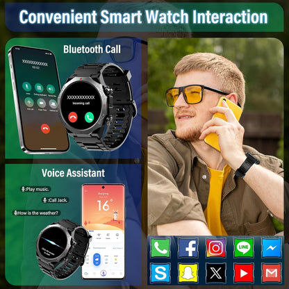Military Smartwatch 1.39" – Bluetooth Calls, 110+ Sports, Sleep/Heart Rate, IP68, Black