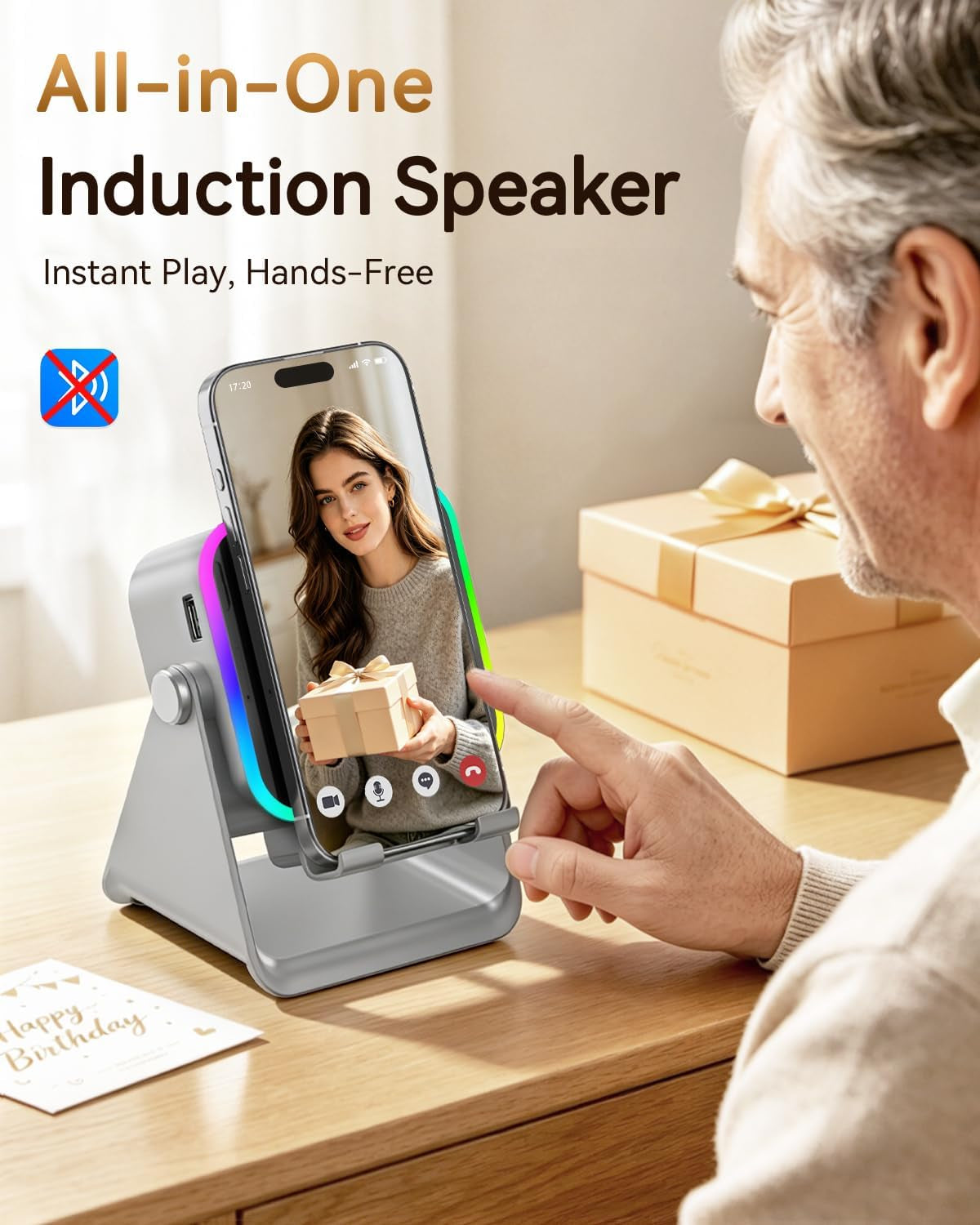 Gifts for Men Tech Gadgets Wireless Induction Speaker with Phone Stand | 5-In-1 Bluetooth Speaker with RGB Light, Adjustable Desk Phone Holder with Emergency Charging for Home Office Kitchen Use