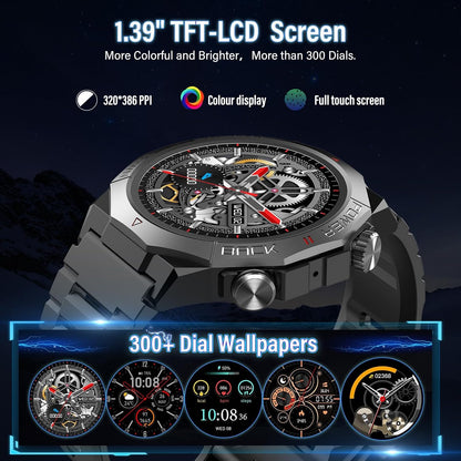 Military Smartwatch 1.39" – Bluetooth Calls, 110+ Sports, Sleep/Heart Rate, IP68, Black