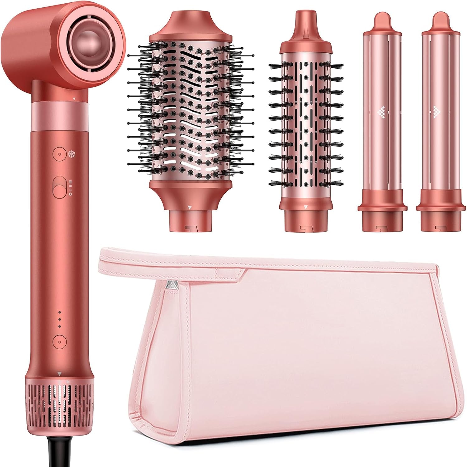 High-Speed 5 in 1 Hair Styler, Professional Hot Air Styler No Heat Damage Frizz-Free for Volumizer, Curl, Straighten, Drying, 1500W Negative Ionic Blow Dryer Brush with Travel Bag, Coral-Red