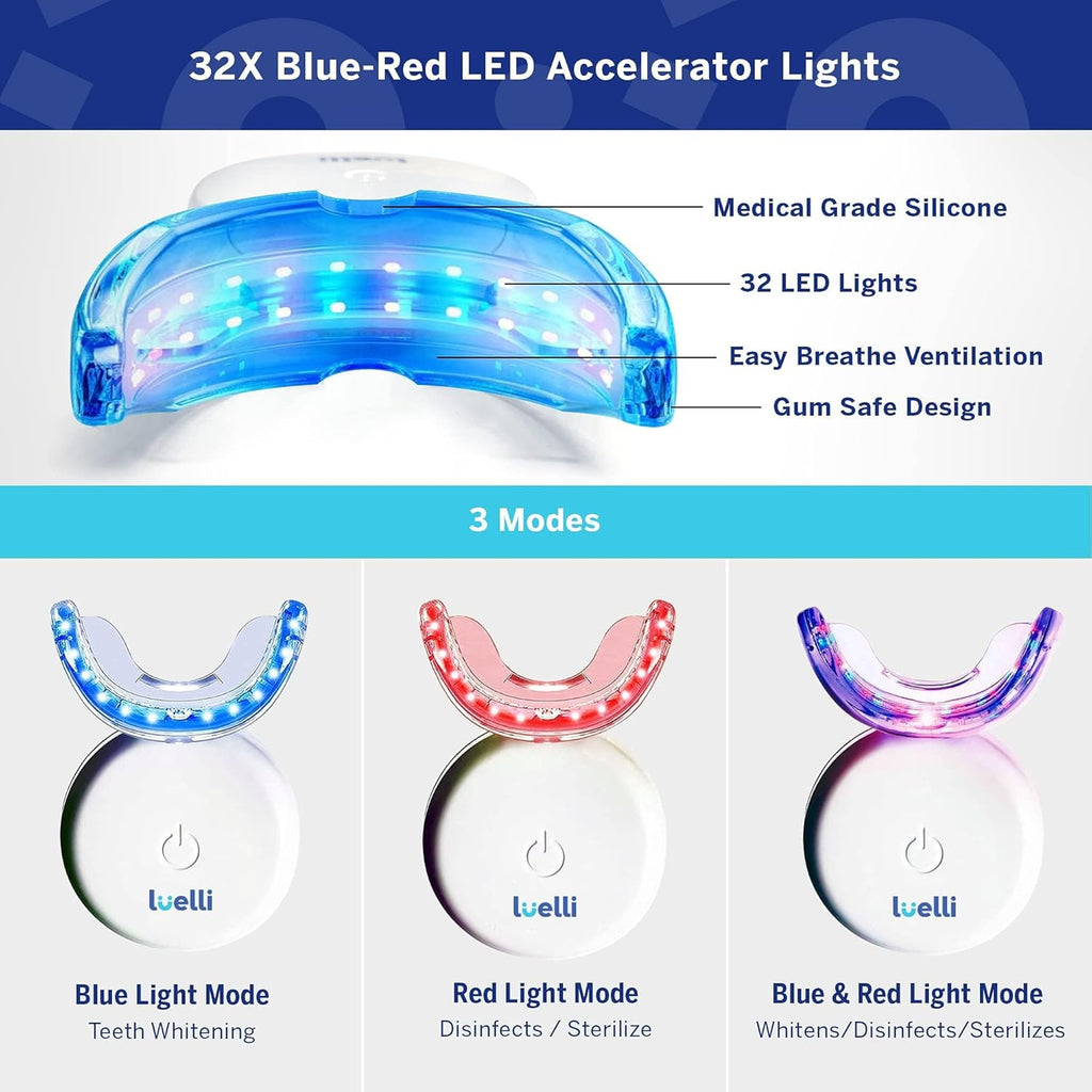 Teeth Whitening Kit with 32 LED Accelerator Light, Wireless Mouth Tray, 20+ Treatments, Enamel Safe, Suitable for Sensitive Teeth, Home & Travel Use