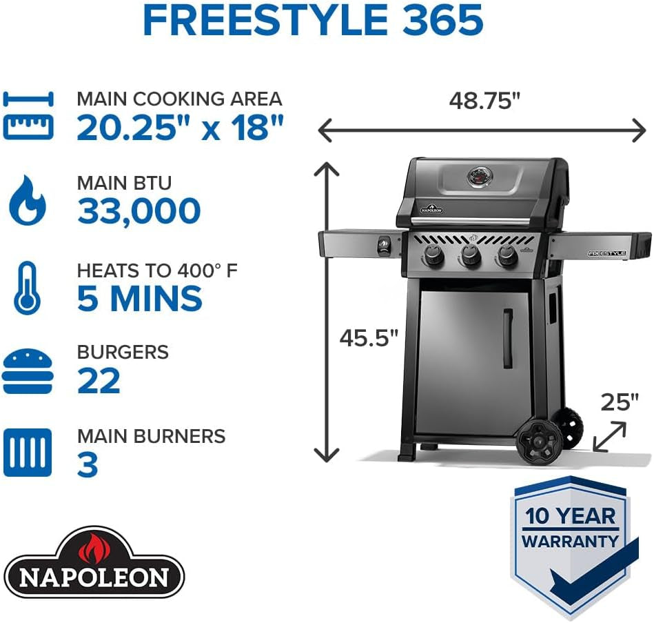 Freestyle 365 Propane Gas BBQ Grill - F365DPGT - Barbecue Gas Cart, with 3 Burners, Folding Side Shelves, Instant Failsafe Ignition, Porcelain Coated Cast Iron Cooking Grids