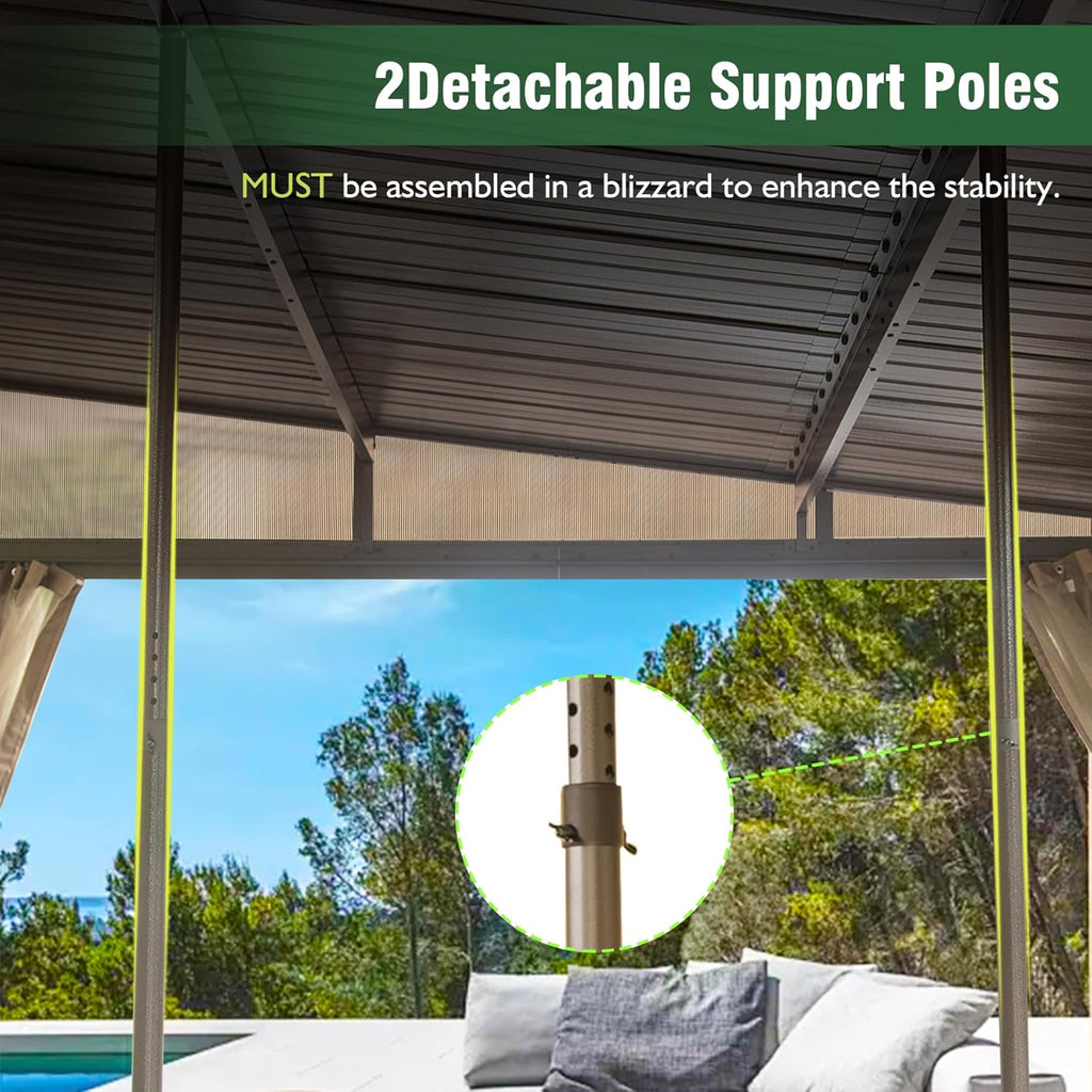 Domi 10X14Ft Lean to Gazebo with Gutters, Outdoor Wall Mounted Pergola Hardtop with Galvanized Steel Sloping Roof, Patio Metal Canopy with Curtains and Nettings, outside Awning for Backyard, Garden