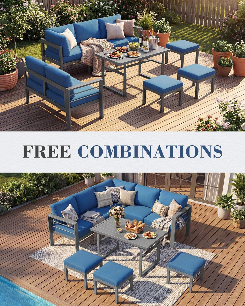 Aluminum Patio Furniture Set, Modern Outdoor Conversation Table and Chair Sets with Blue Cushions for Lawn, Backyard, and Deck