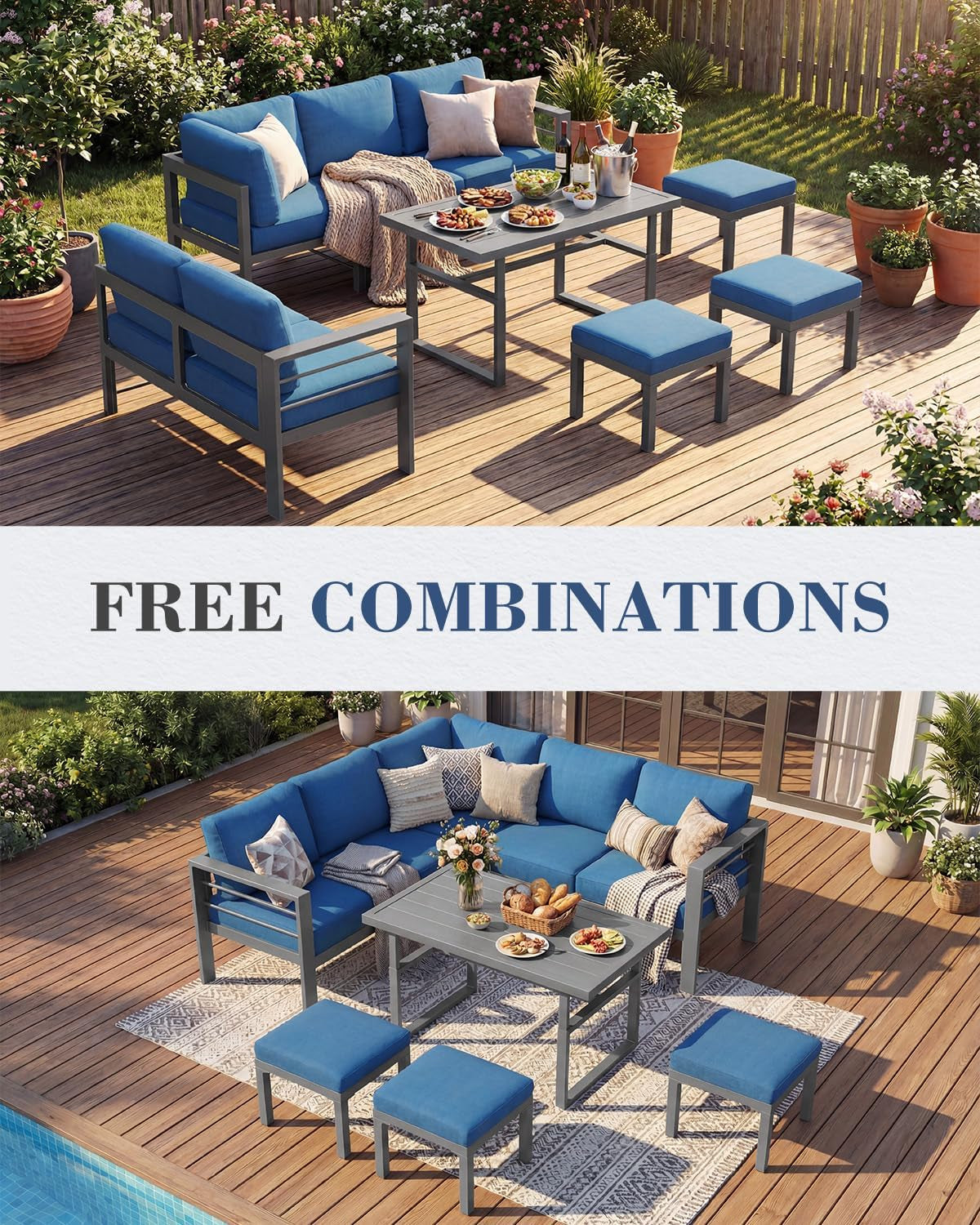 Aluminum Patio Furniture Set, Modern Outdoor Conversation Table and Chair Sets with Blue Cushions for Lawn, Backyard, and Deck