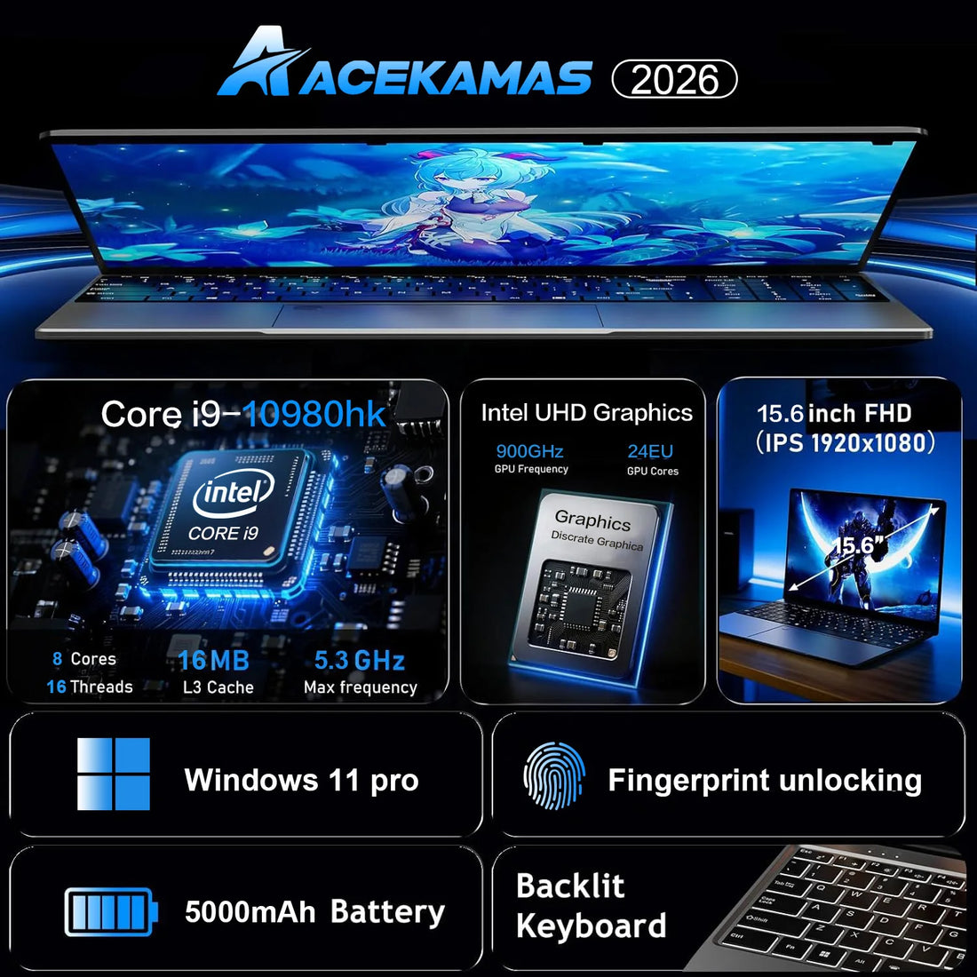 ACEKAMAS 15.6" Gaming Laptop  Core I9 10980HK IPS 1920*1080 Notebook Gamer 16GB RAM 1TB SSD Windows 11 Pro Office Laptop PC