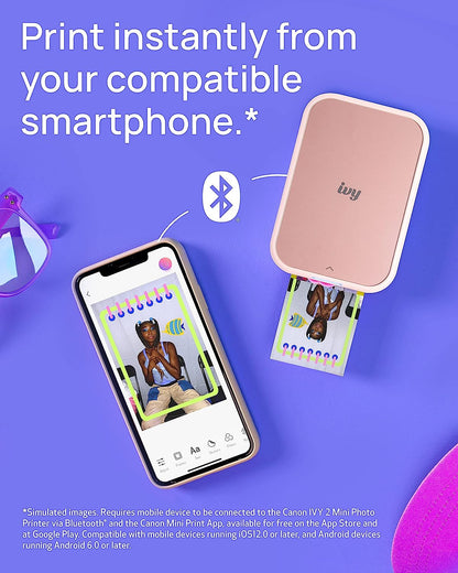 Ivy 2 Mini Photo Printer (Blush Pink), Bluetooth Portable Smartphone Printer for Ios &amp; Android, Bundle with 10 Zink Sticky-Back Photo Prints, LED Light Bar, Protective Case &amp; USB Cable