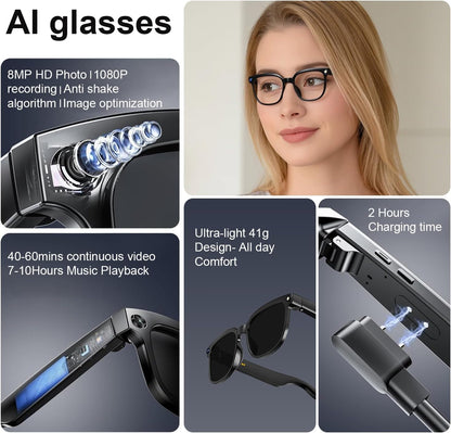 AI Smart Glasses with Camera, 4K HD Video &amp; Photo Capture, 8MP Camera Glasses for Men Women, Recording Glasses with AI Assistant, Object Recognition, Bluetooth Sunglasses for Travel/Work/Vlog
