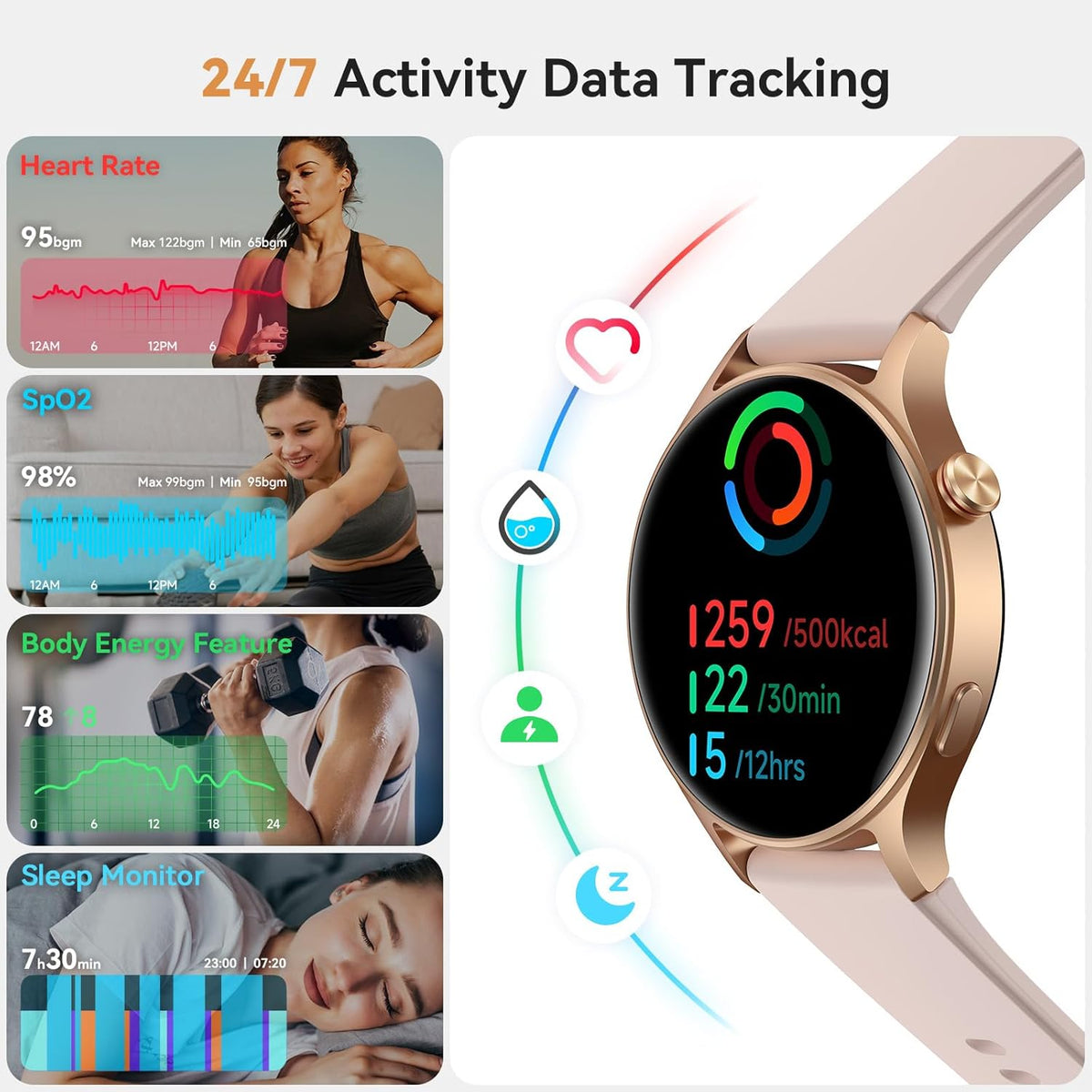 Smart Watch for Women, AMOLED Ultra-Clear Screen Activity Trackers with Heart Rate/Sleep/Spo2 Monitor, Waterproof Fitness Smartwatch for Iphone/Samsung/Android（Pink Gold）