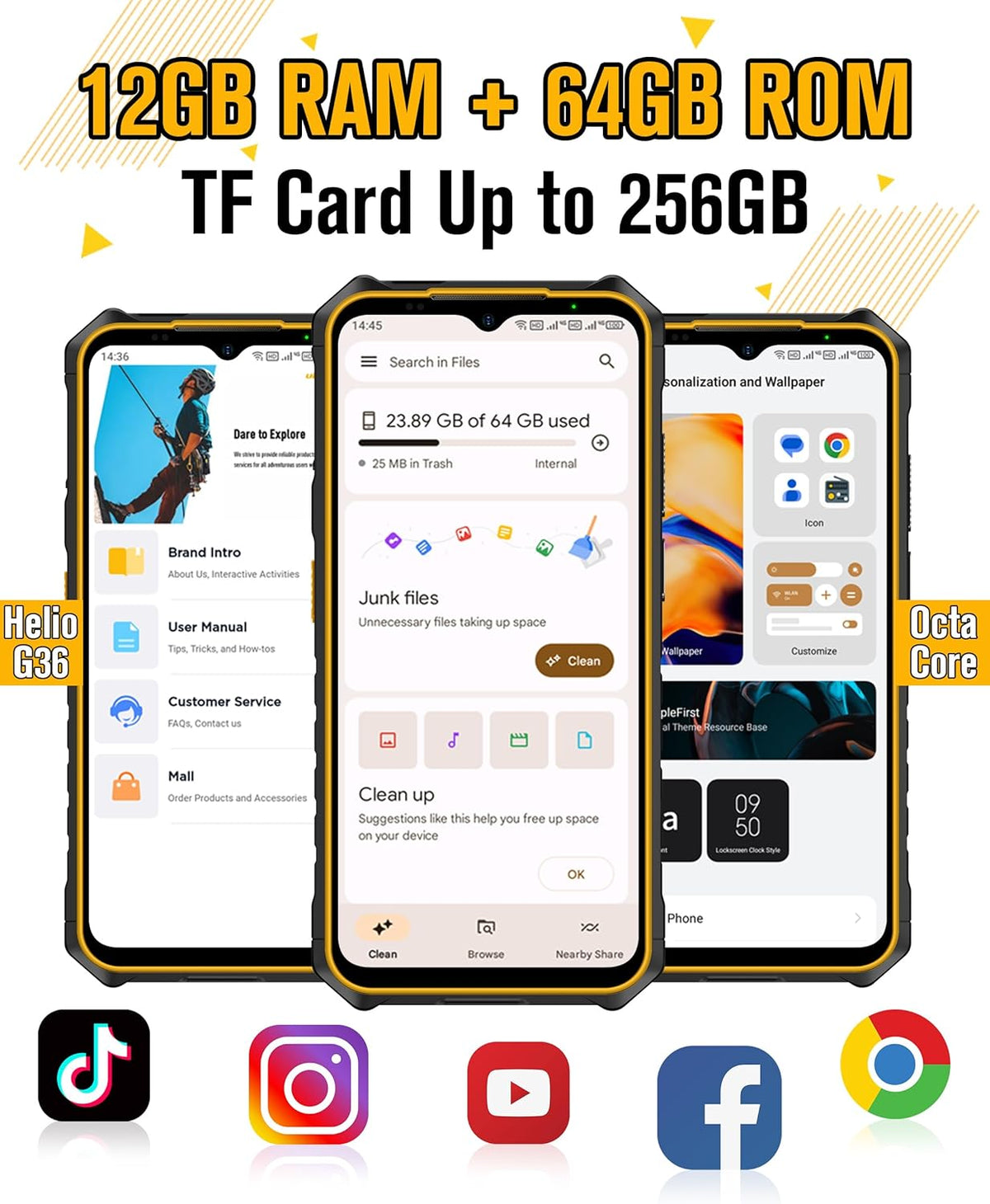 Rugged Smartphones Canada Android 15,  Armor X13 Unlocked Cell Phone, 50MP+24MP+8MP Cameras, 12+64GB Storage, 6.52” Screen, 6320Mah, Nfc,Gps,Dual 4G Volte Rugged Phones(Orange)