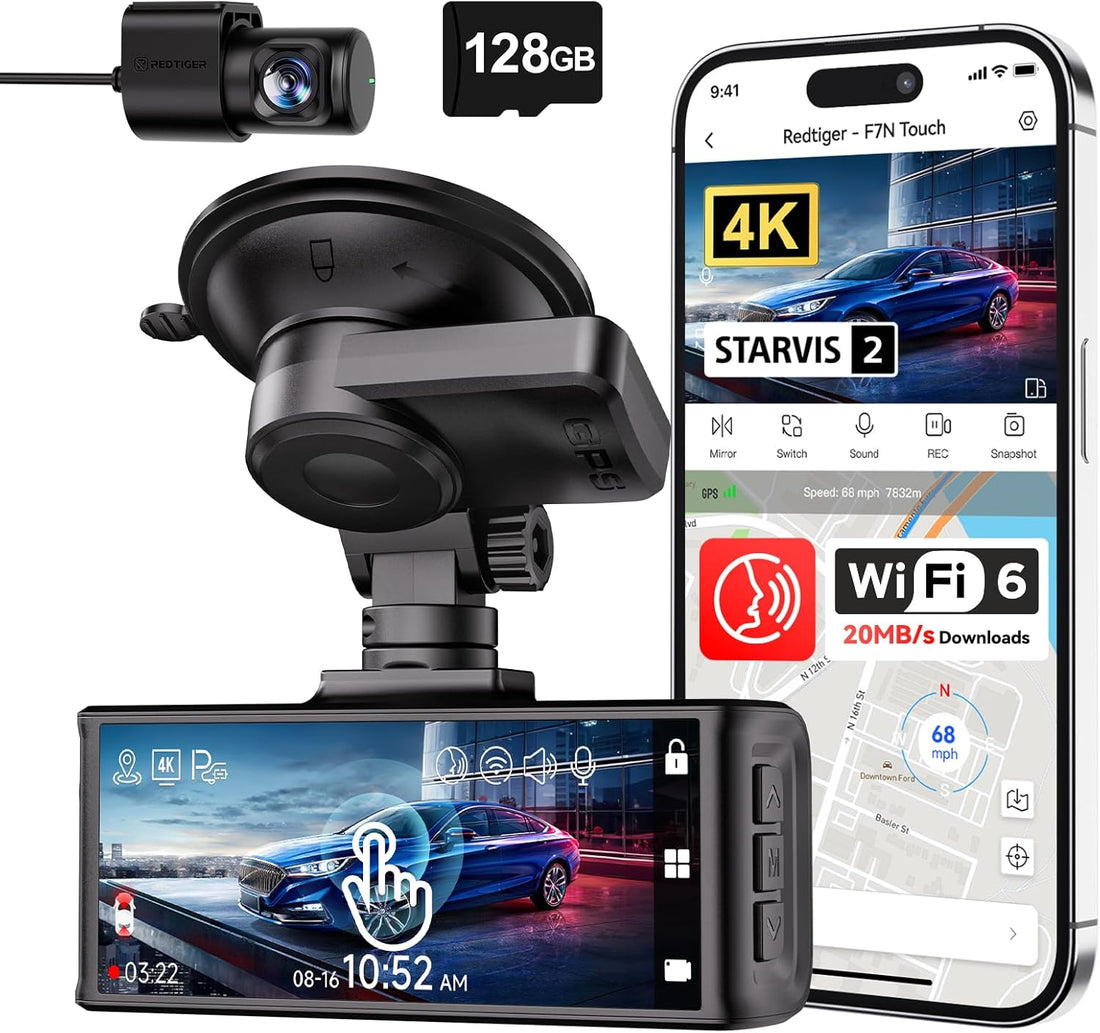 4K Dash Cam Front and Rear, STARVIS 2 Sensor, Touch Screen 3.18", Voice Control, 20Mb/S 5.8Ghz Wifi 6 Car Dashcam with 128GB Card, GPS, Night Vision, Emergency Lock, Parking Mode(F7N Touch)