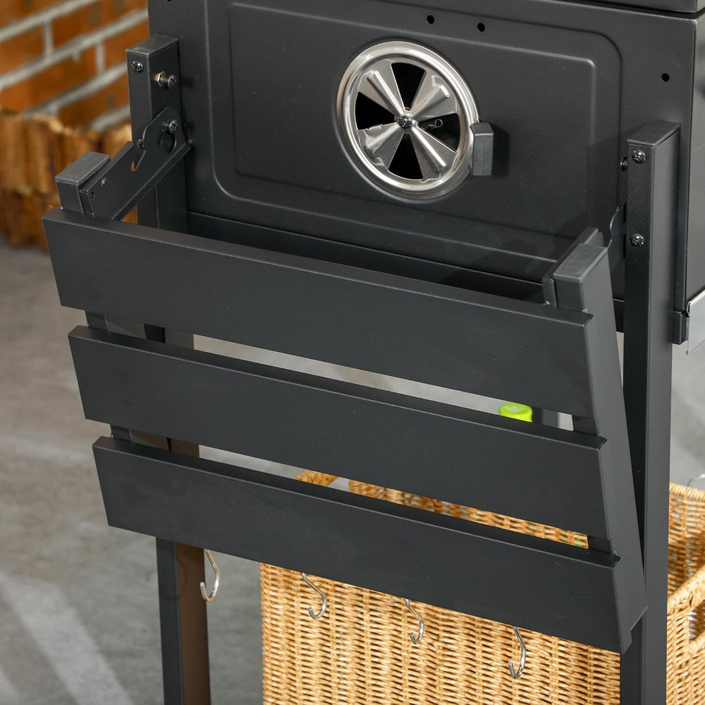 Charcoal BBQ Grill Trolley with Adjustable Charcoal Pan, Barbecue Grill Smoker with Storage Shelves, Lid, Thermometer, Bottle Opener and Wheels, Galvanised Steel