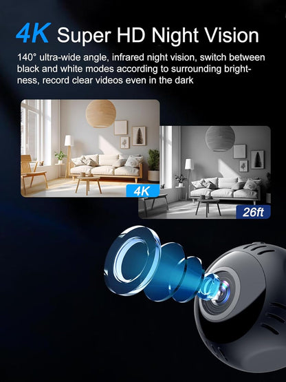 Mini Wifi Camera,Small Magnetic Wireless Cameras,4K 1080P Smart App 2.4Ghz,140° Wide Angle,Ai Motion Detection Alarm and Night Vision for Home Security Pet Cameras App Control
