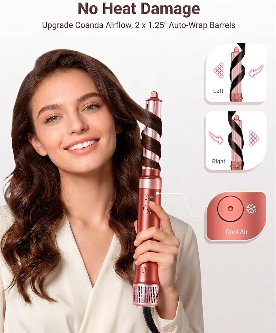 Hot Air Styler & Hair Dryer Brush Kit, 1500W No Heat Damage Frizz-Free Hair Styler for Curl, Wavy, Volumizer, Straighten, Fast Drying, Vermilion