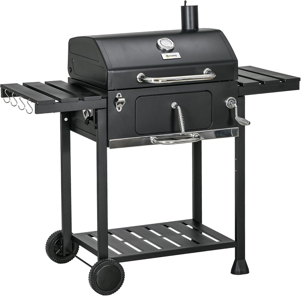 Charcoal BBQ Grill Trolley with Adjustable Charcoal Pan, Barbecue Grill Smoker with Storage Shelves, Lid, Thermometer, Bottle Opener and Wheels, Galvanised Steel