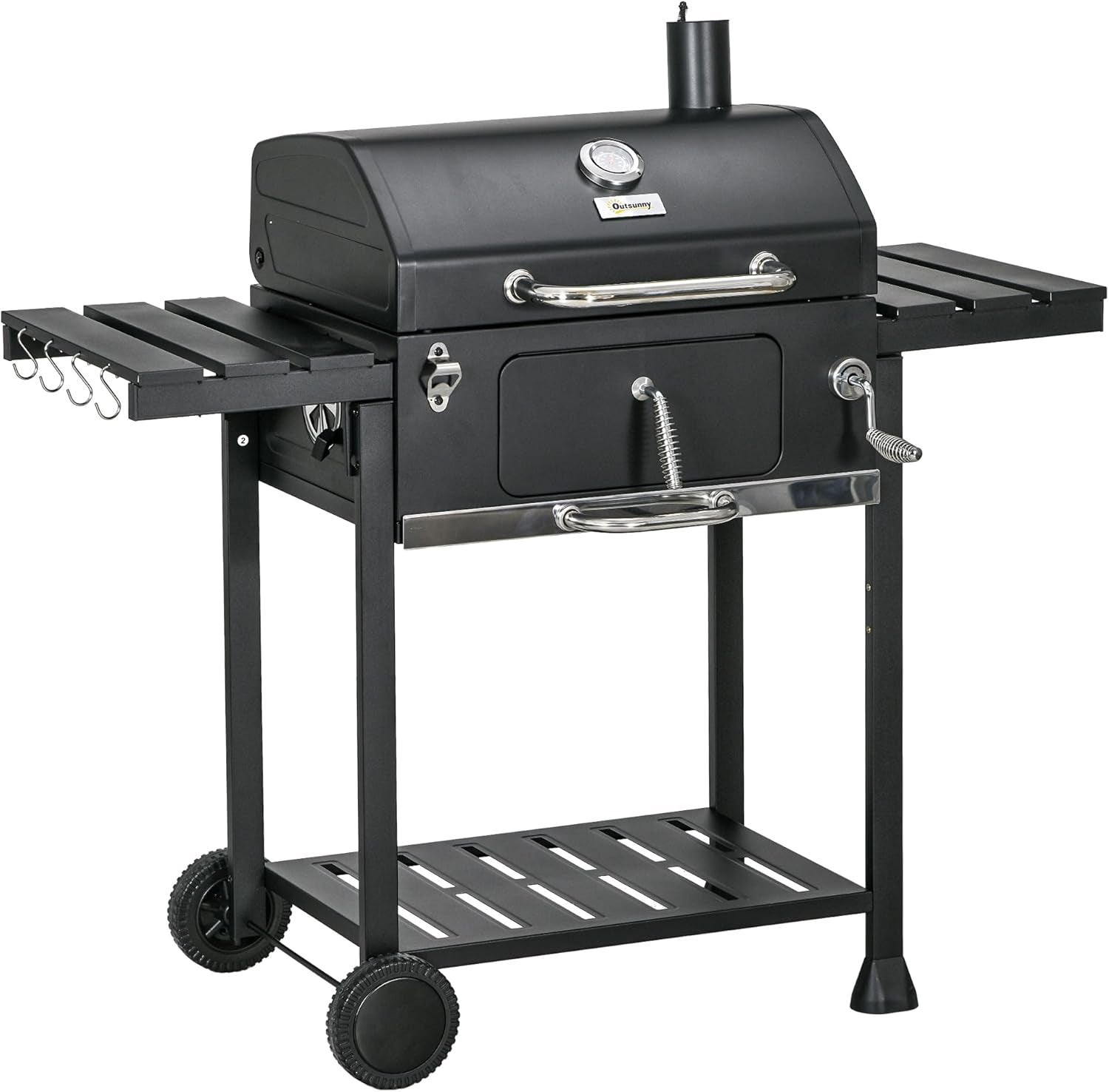 Charcoal BBQ Grill Trolley with Adjustable Charcoal Pan, Barbecue Grill Smoker with Storage Shelves, Lid, Thermometer, Bottle Opener and Wheels, Galvanised Steel