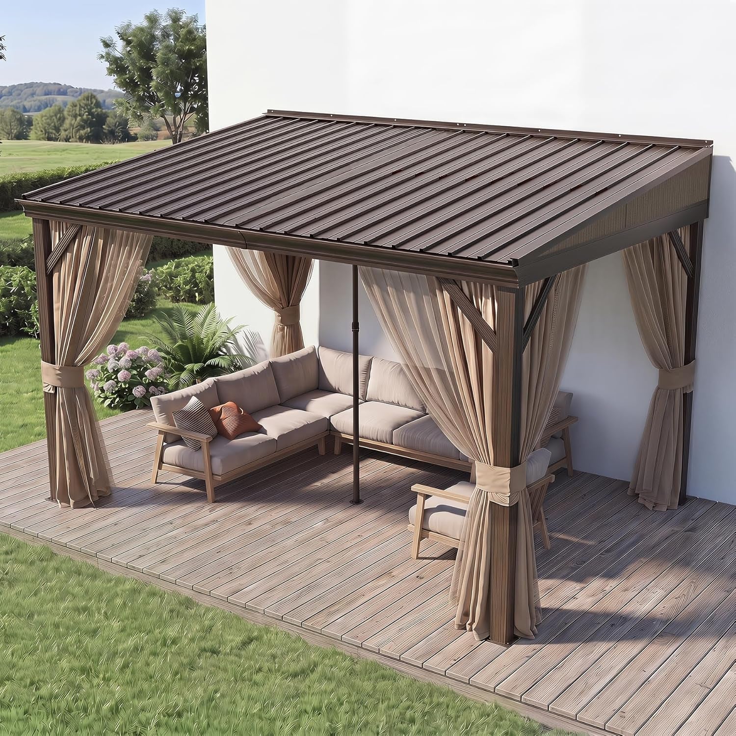 Domi 10X14Ft Lean to Gazebo with Gutters, Outdoor Wall Mounted Pergola Hardtop with Galvanized Steel Sloping Roof, Patio Metal Canopy with Curtains and Nettings, outside Awning for Backyard, Garden