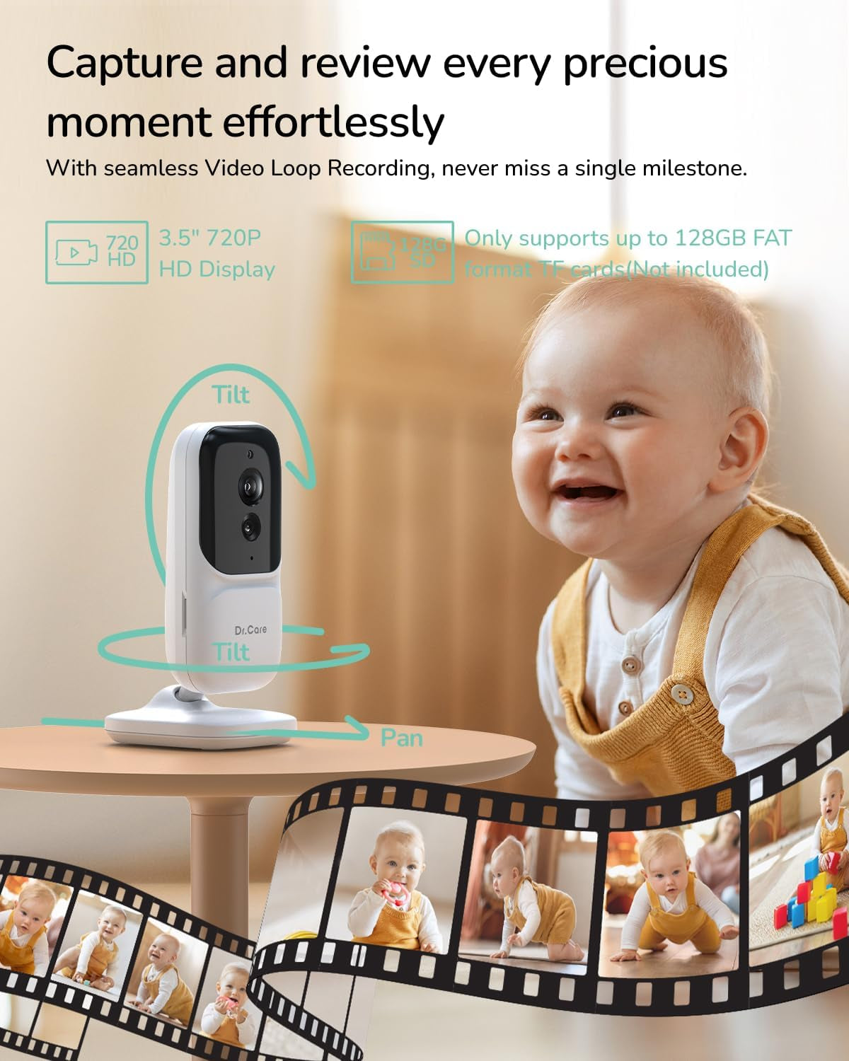 Dr. Care Neoview Video Baby Monitor - 2.8” Screen, 2-Way Audio, Video Loop Recording, Night Vision, Real-Time/Vox Monitoring, Temperature Sensor, Lullabies, Belt Clip Design (Supports up to 128GB)