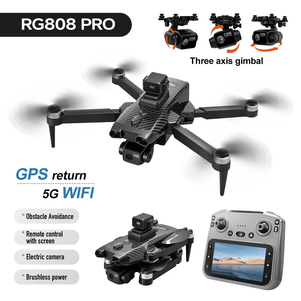 RG808 PRO GPS Drone 8K HD 3-Axis Gimbal 25Min Long Flight Time Large Screen Remote Control 5G Wifi FPV Brushless Fold Aircraft