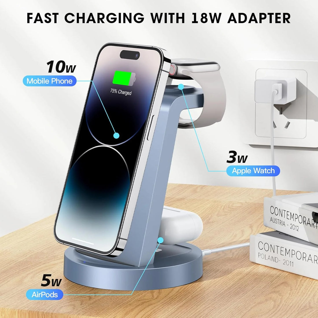 Wireless Charger - 3 in 1 Charging Station Compatible for Iphone &amp; Iwatch - Charging Stand Dock for Airpods (Blue)