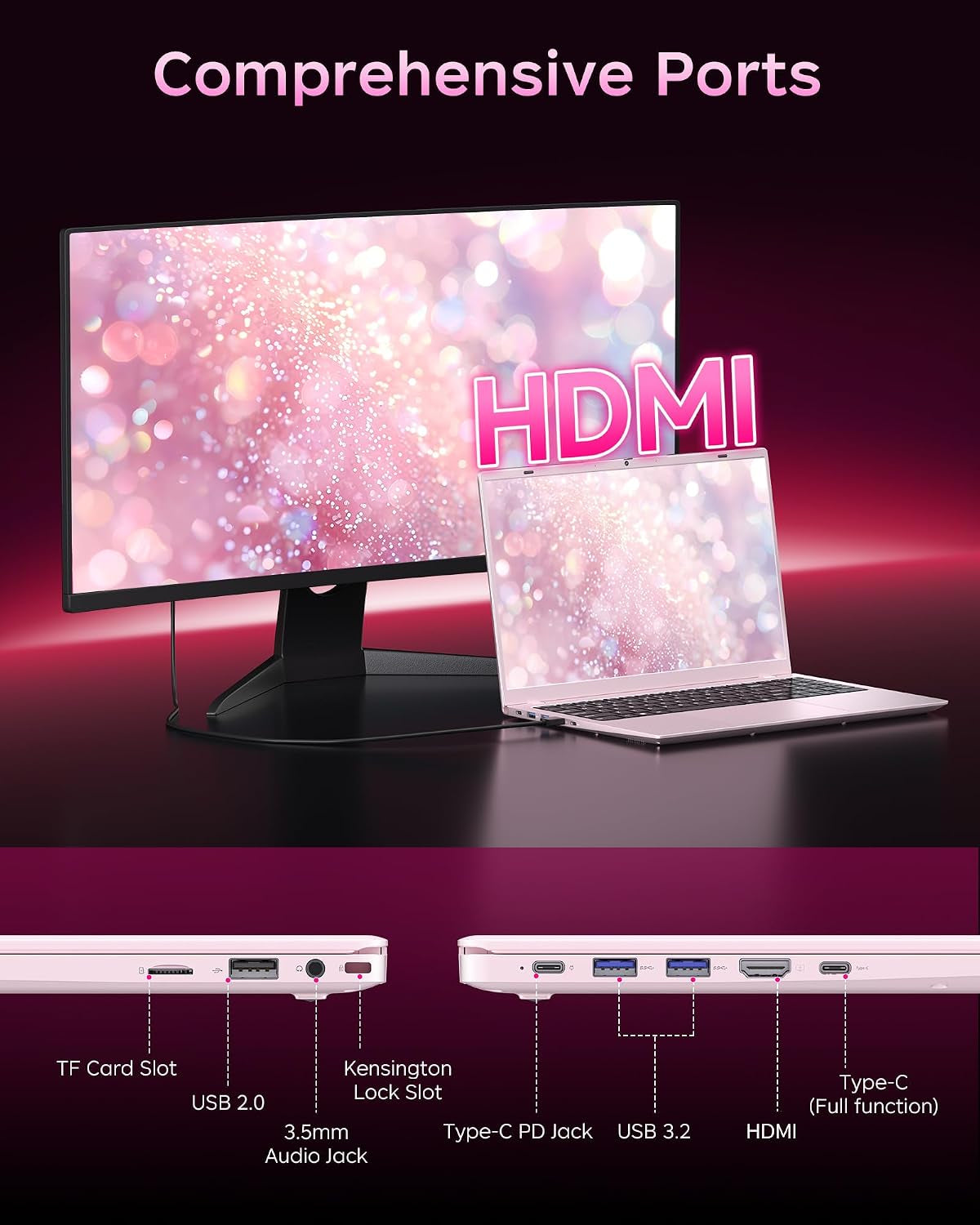 Pink Laptop 15.6 Inch, 12GB RAM 256GB SSD, Pentium 6500Y up to 3.4Ghz, 1080P FHD IPS Screen, USB C, USB 3.2, HDMI, Wifi5, BT5.2, Computer Laptops for Student, Business, Home
